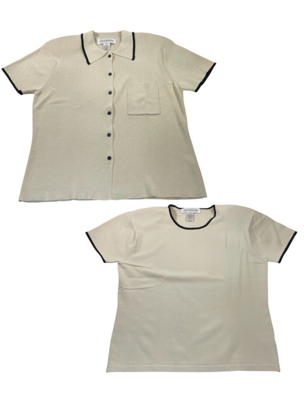Vintage 90s 2-Piece Twin Set L Cream Black Knitted Button Down Shirt and T Shirt